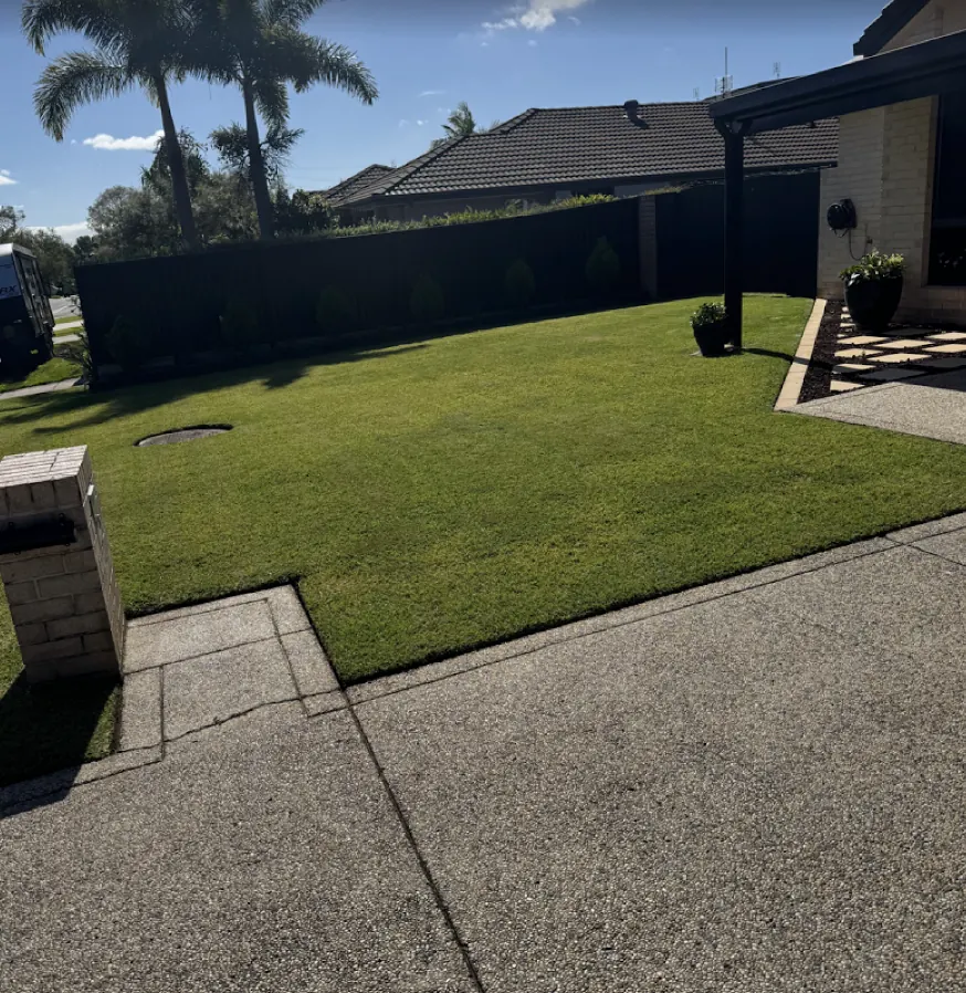 Front lawn cleanup — Berwick. Overgrown front lawn brought back to an even cut with edges redefined against the concrete.