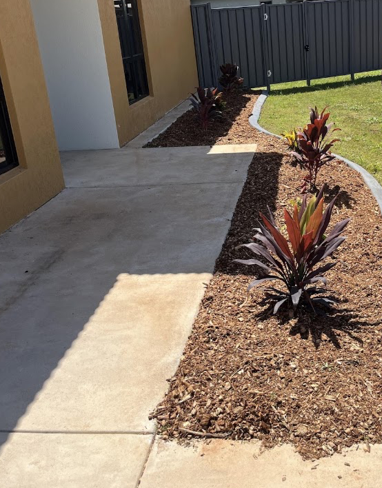 New plants set into a freshly mulched garden bed in Harkaway