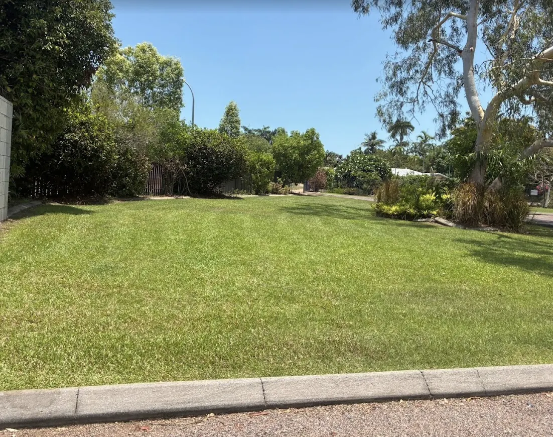 Front lawn mowing — Harkaway. Street-facing lawn mowed level and edged neatly along the kerb and driveway.