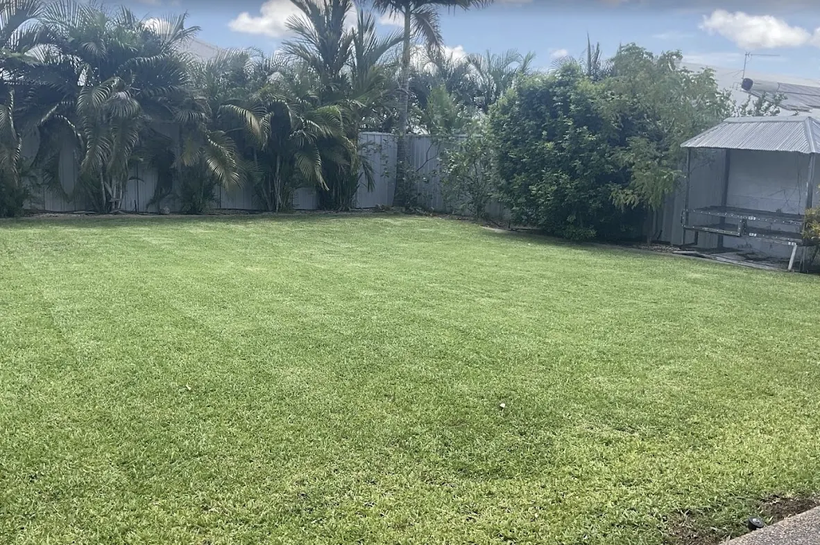 Backyard lawn mowing — Hampton Park. Large rear lawn mowed in even stripes, right up to the fence and garden edges.