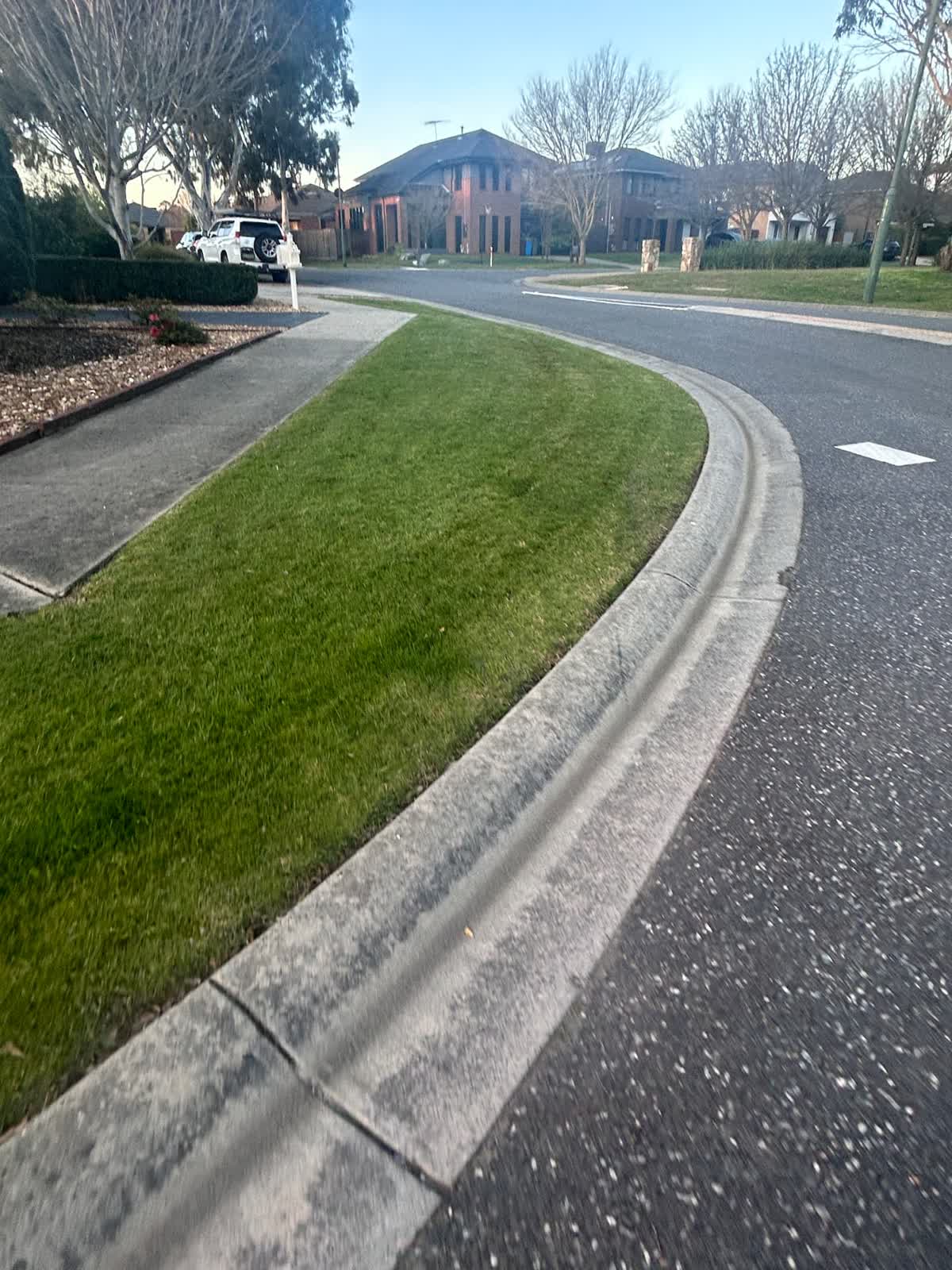Lawn edging and nature strip mow — Berwick. Curved nature strip mown and edged hard against the kerb and footpath for a sharp street finish.