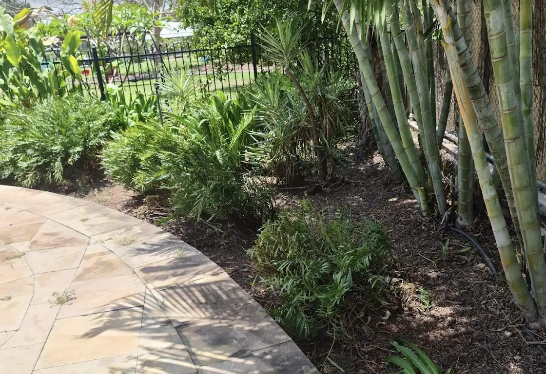 Garden bed cleanup and mulching — Berwick. Side garden bed weeded and tidied, with fresh mulch spread around the bamboo and established shrubs along the paving.